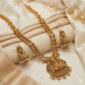 Traditional South Indian Temple Jewellery Antique Gold Plated Goddess Lakshmi Long Haram Necklace Set with Matching Jhumka Earrings for Women