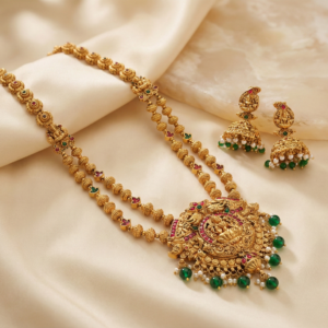 Goddess Lakshmi Long Haram Necklace with Matching Jhumka Earrings | Ruby & Emerald Accents | Ideal for Weddings and Festivals