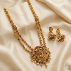 Antique Gold-Plated South Indian Temple Jewellery Set for Women – Goddess Lakshmi Long Haram Necklace with Matching Jhumka Earrings