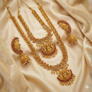 Antique Gold Plated Goddess Lakshmi Long Haram, Matching Short Necklace & Jhumka Earrings with Ear-Cuffs – Bridal & Festive Ethnic Wear