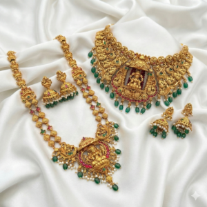 Antique Matte Gold Plated Goddess Lakshmi Long Haram & Choker Necklace with Matching Jhumka Earrings – Ethnic Bridal Wedding Jewelry Collection