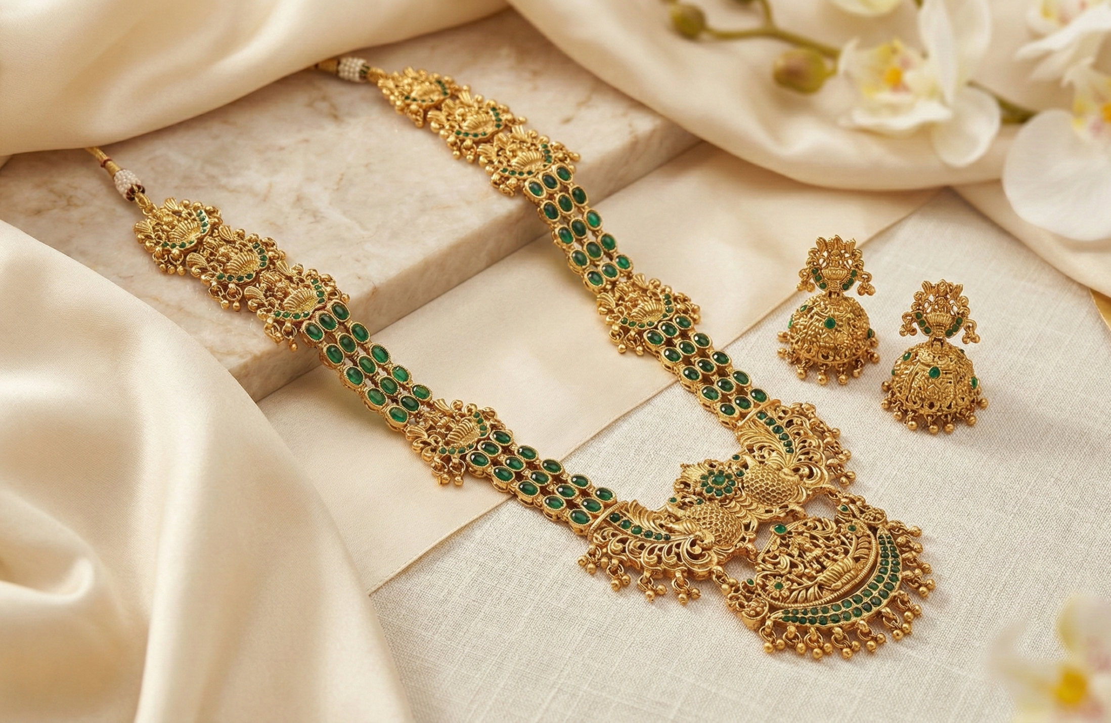 Antique Matte Finish Green Stone Studded Ethnic Bridal Jewelry for Women