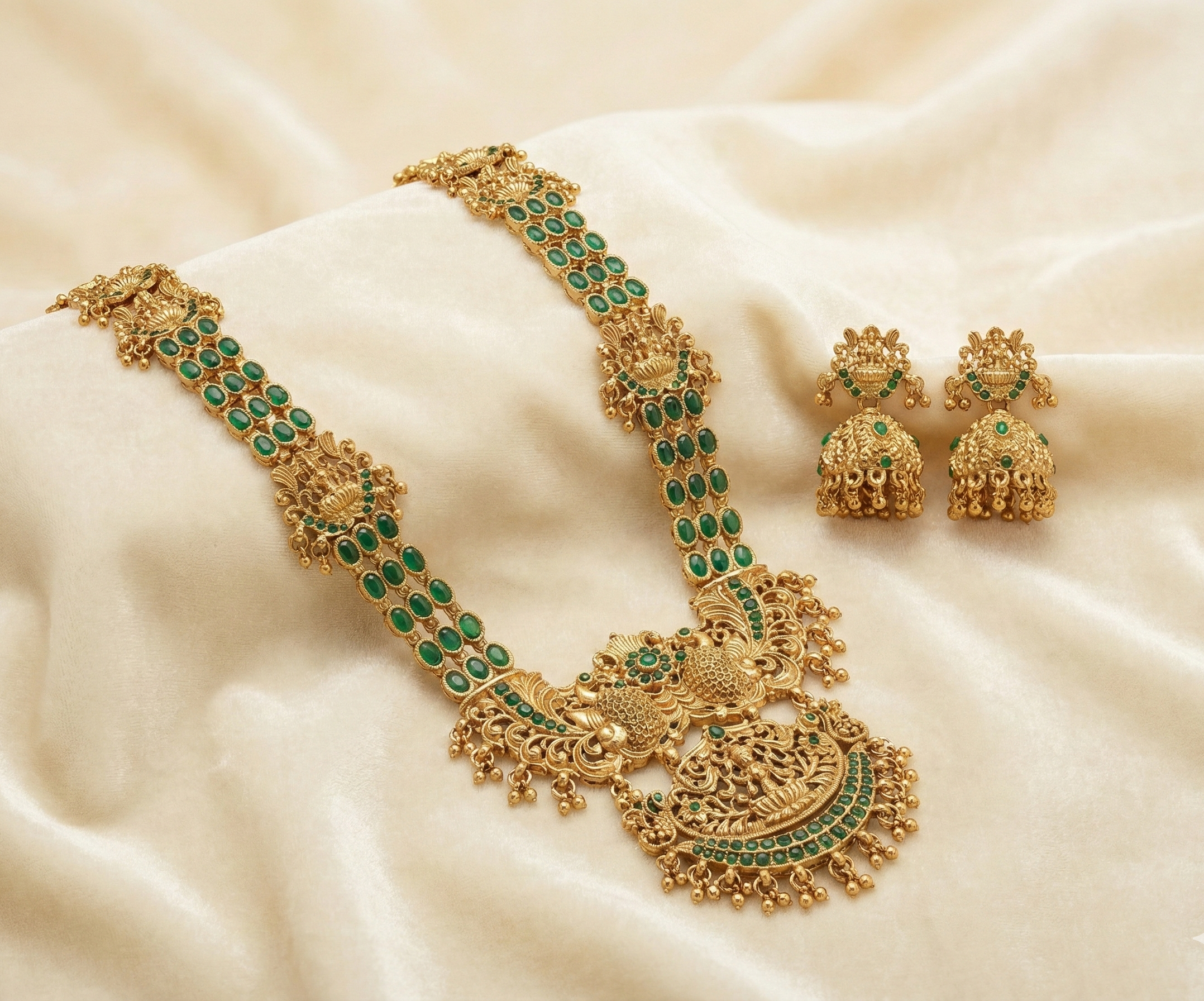 Antique Matte Finish Green Stone Studded Ethnic Bridal Jewelry for Women - Image 2