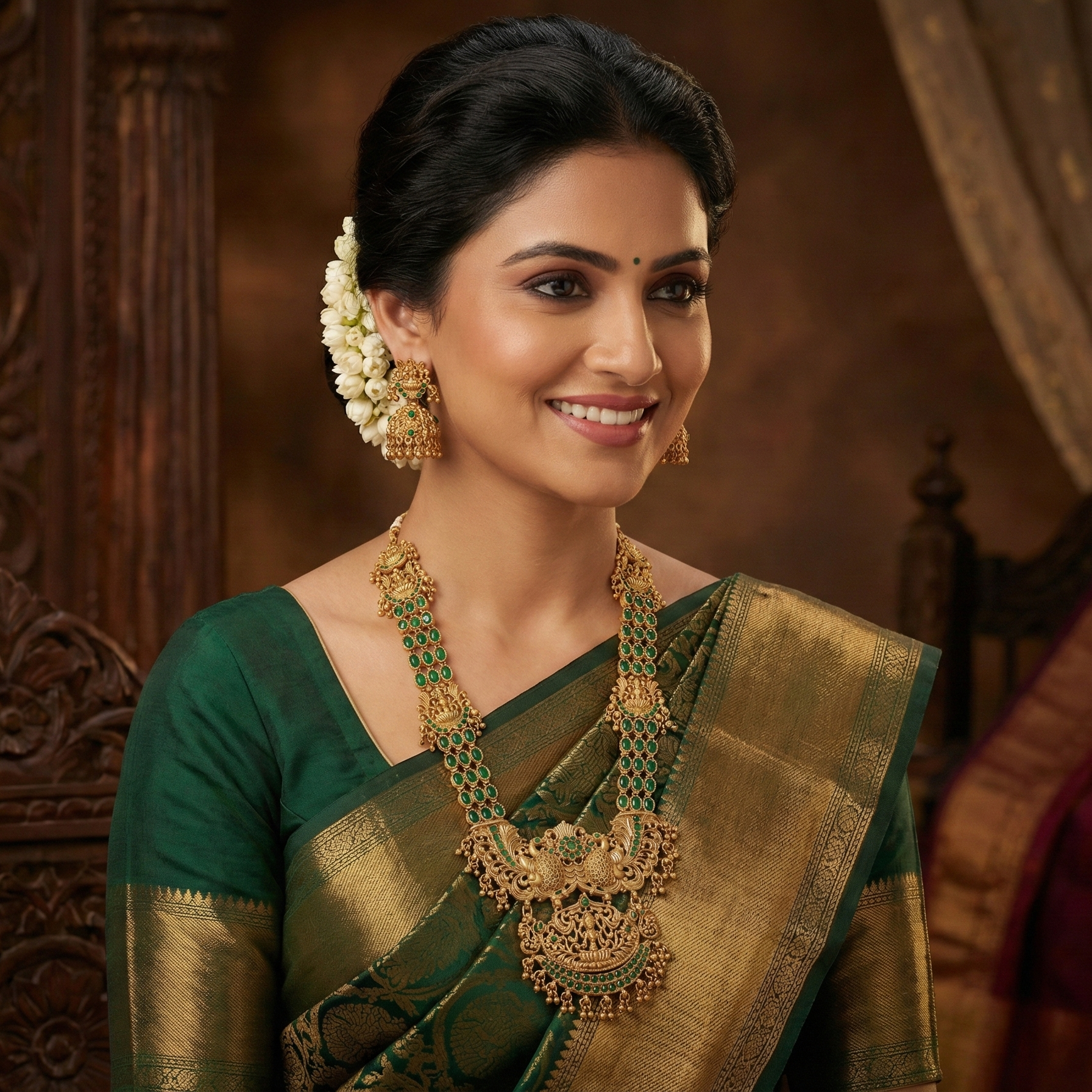 Antique Matte Finish Green Stone Studded Ethnic Bridal Jewelry for Women - Image 3