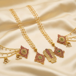 Matte Finish Kemp Stone & Pearl Multi-Strand Lord Venkateswara Jewelry with Matching Earrings for Women