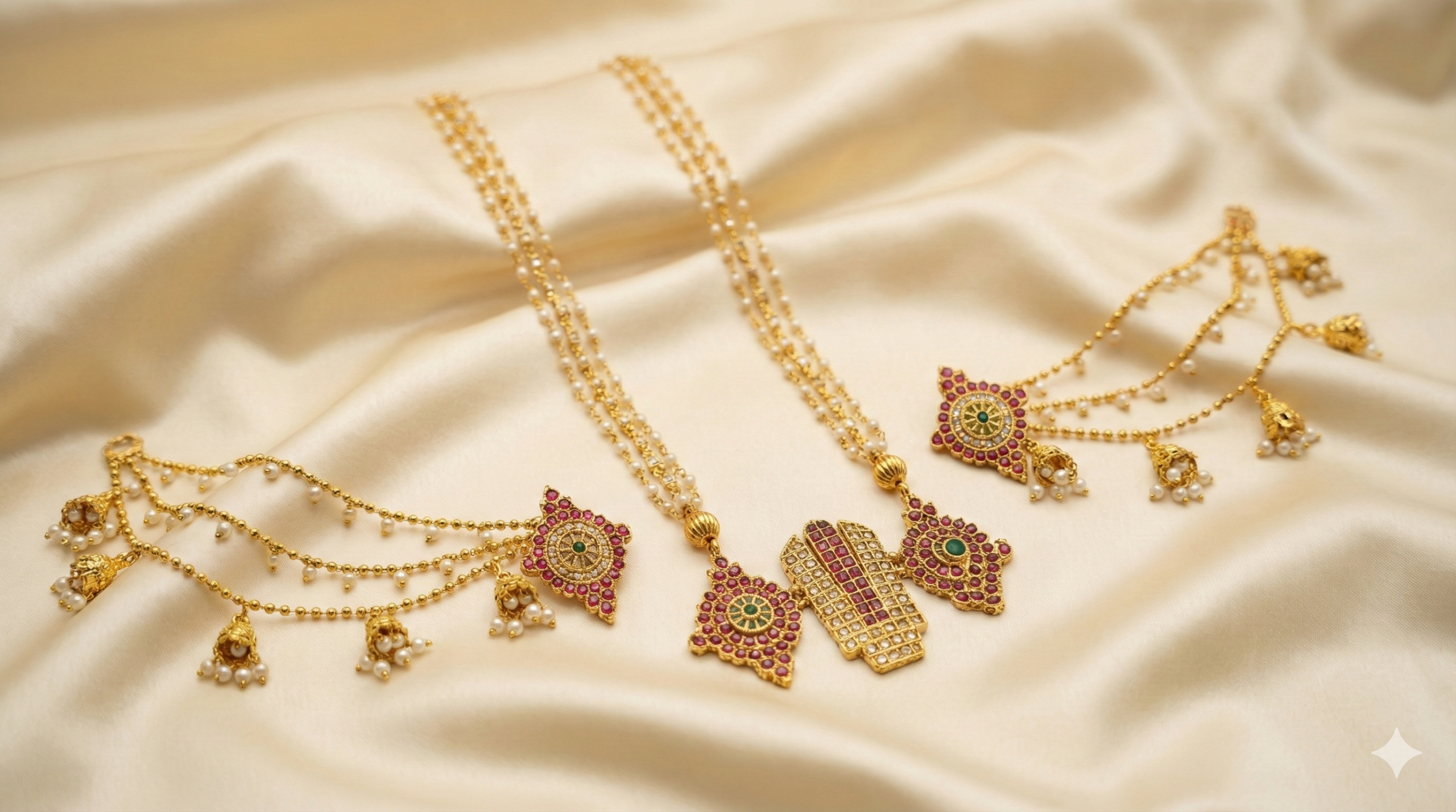Matte Finish Kemp Stone & Pearl Multi-Strand Lord Venkateswara Jewelry with Matching Earrings for Women