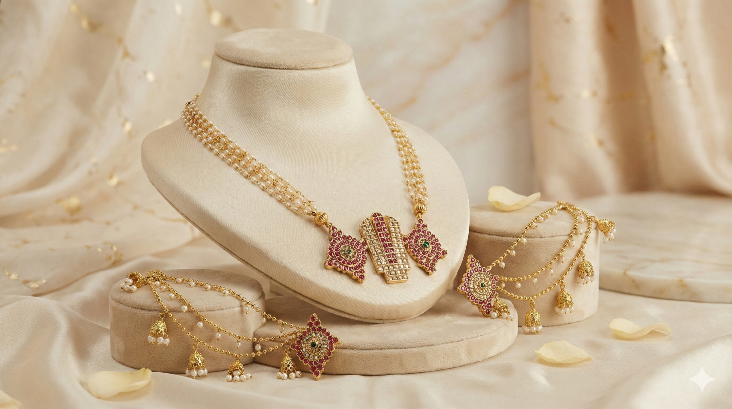Matte Finish Kemp Stone & Pearl Multi-Strand Lord Venkateswara Jewelry with Matching Earrings for Women - Image 2