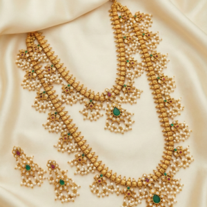Emerald & Ruby Stone Studded with Pearl Clusters | Ethnic Bridal & Festive Wear