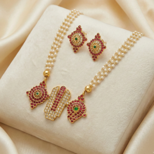 Traditional Kemp Stone Namam / Thiruman Pendant Haram with Matching Earrings | Ethnic Festive Wear