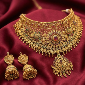 Traditional Gold Plated Antique Temple Choker Necklace Set with Jhumka Earrings for Women & Girls | Ethnic Ruby & Emerald Stone Bridal Wedding Jewelry