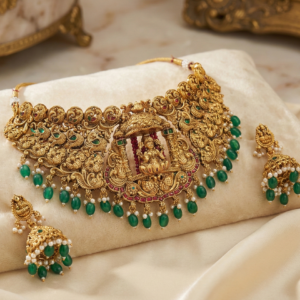 Traditional Antique Gold Plated Temple Jewellery Choker Necklace Set for Women | Goddess Lakshmi & Peacock Motif with Green Beads & Jhumka Earrings