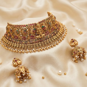 Choker Necklace Set with Jhumka Earrings for Women | Lakshmi & Peacock Motif Bridal Wedding Set with Ruby-Green Stones & Pearl Clusters