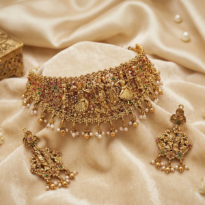 Traditional Antique Gold Plated Radha Krishna Temple Choker Necklace Set | Intricate Flute Motif & Kemp Stones | Faux Pearl Drop Bridal Jewelry for Women