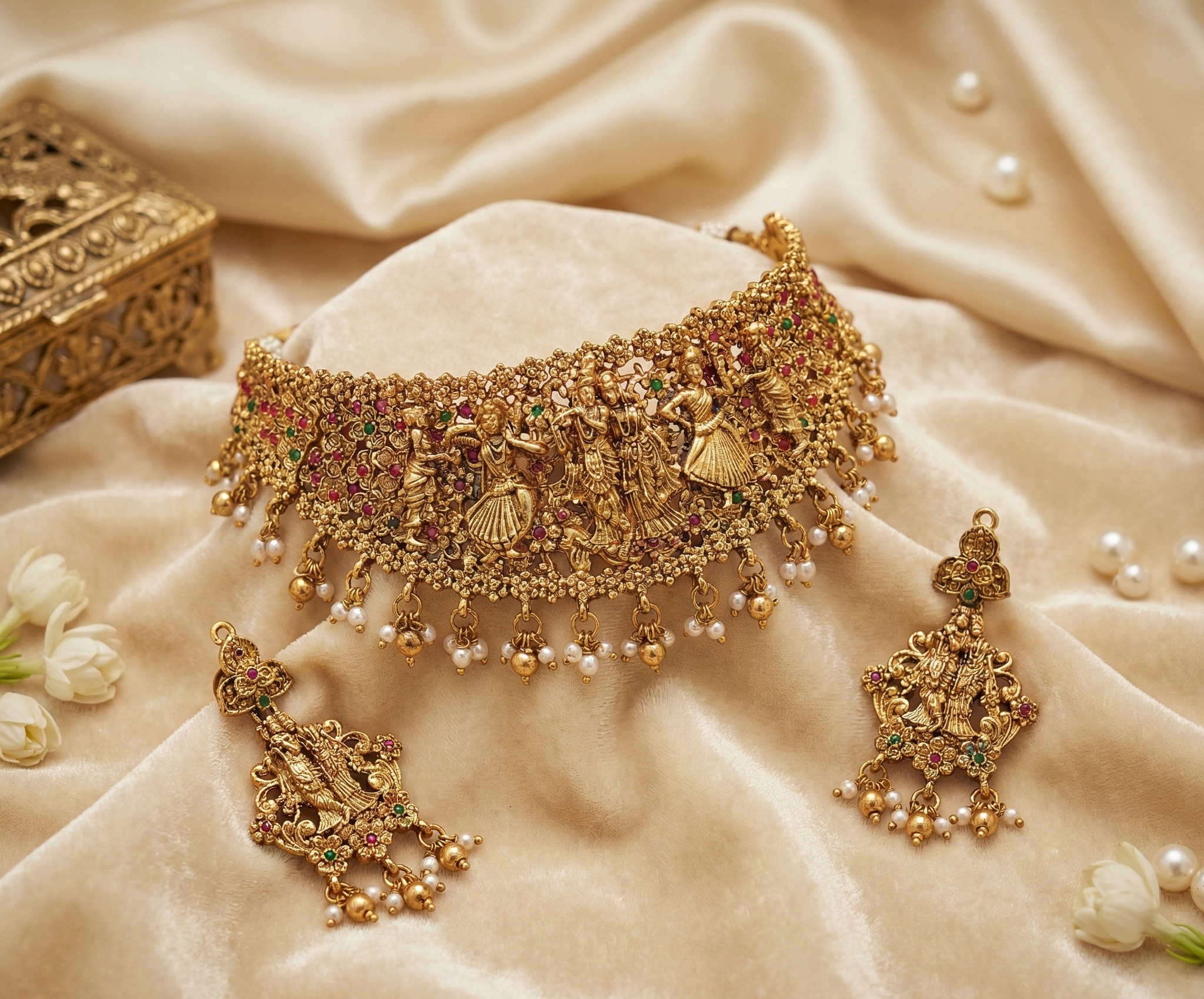 Traditional Antique Gold Plated Radha Krishna Temple Choker Necklace Set | Intricate Flute Motif & Kemp Stones | Faux Pearl Drop Bridal Jewelry for Women