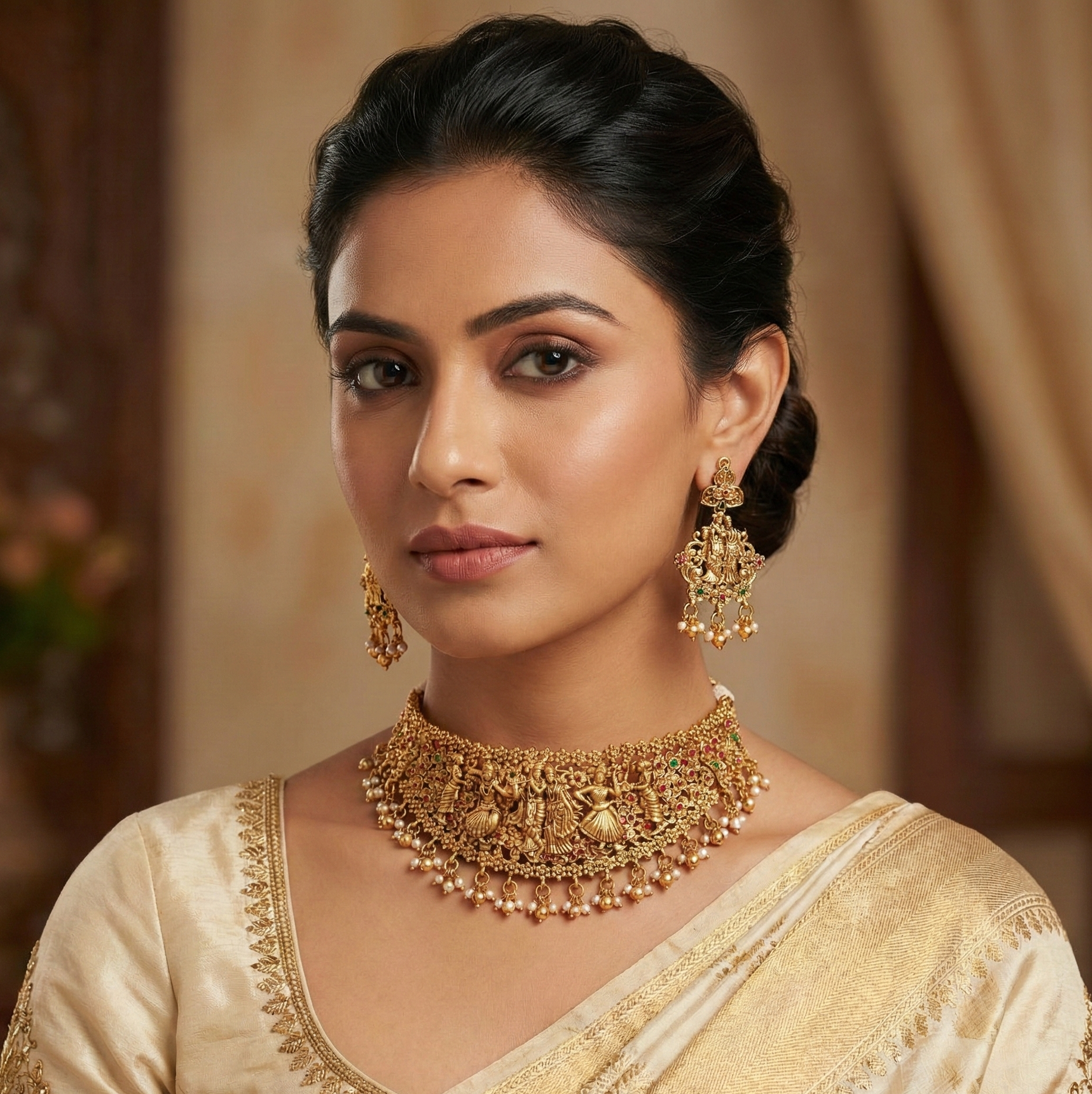 Traditional Antique Gold Plated Radha Krishna Temple Choker Necklace Set | Intricate Flute Motif & Kemp Stones | Faux Pearl Drop Bridal Jewelry for Women - Image 2