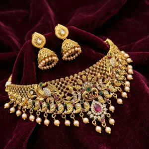 Peacock Motif Temple Choker Necklace Set with Jhumka Earrings for Women | Ruby Emerald & CZ Stone Ethnic Wedding Jewelry with Pearl Drops