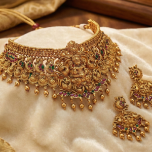 Goddess Lakshmi & Peacock Design with Ruby Emerald Kemp Stones | South Indian Bridal Wedding Jewellery