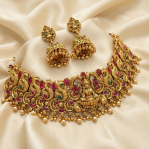 Traditional Antique Matte Gold Plated Temple Choker Necklace Set with Lakshmi & Peacock Design