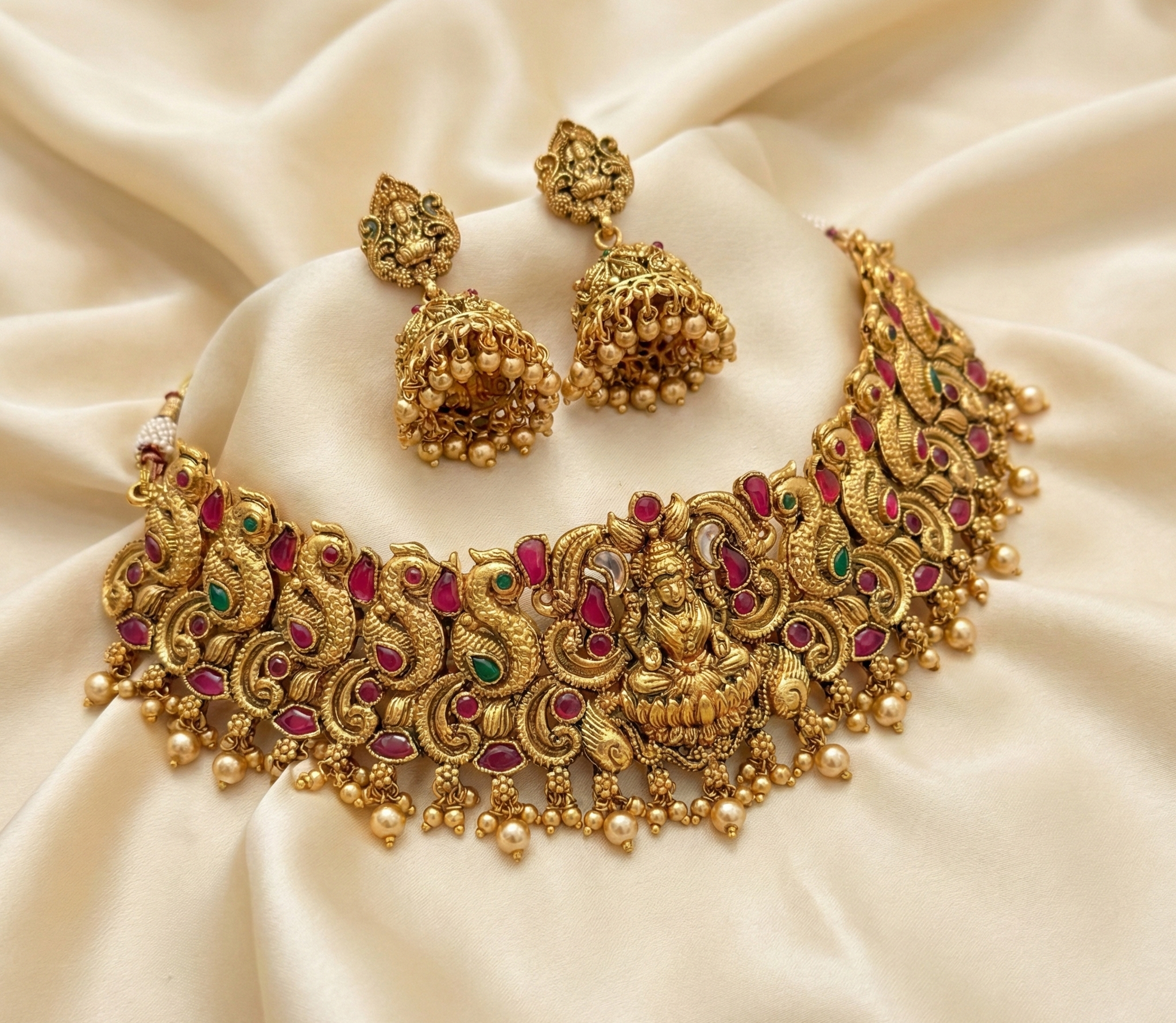 Traditional Antique Matte Gold Plated Temple Choker Necklace Set with Lakshmi & Peacock Design