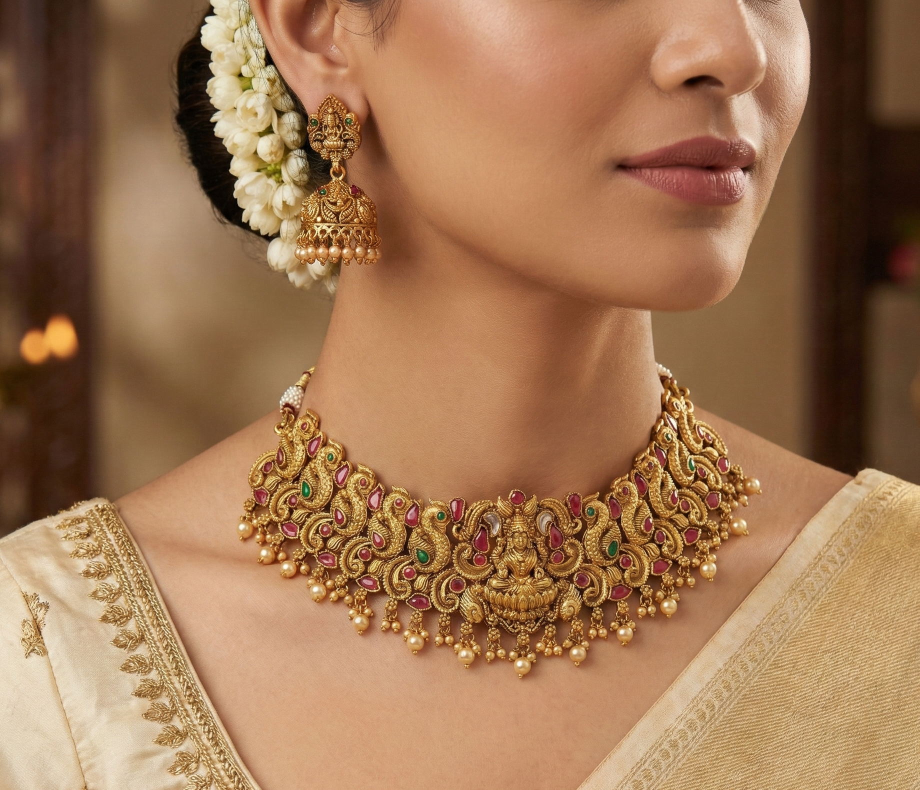 Traditional Antique Matte Gold Plated Temple Choker Necklace Set with Lakshmi & Peacock Design - Image 2