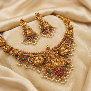 Traditional Gold Plated Goddess Lakshmi Temple Choker Necklace Set for Women | Antique Finish Ruby & Emerald Kemp Stone Bridal Jewelry with Pearl Drops