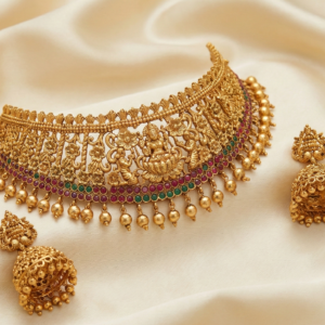 Antique Matte Finish Lakshmi Motif | South Indian Bridal Ethnic Jewelry for Women (Ruby & Green)