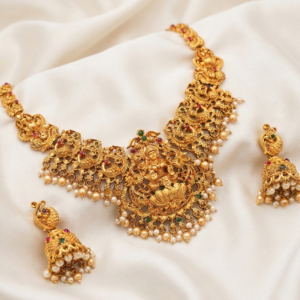 Antique Finish South Indian Bridal Jewellery with Jhumka Earrings & Pearl Drops for Women