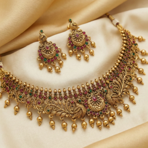 Traditional Antique Matte Finish Temple Choker Necklace Set with Ruby & Emerald Kemp Stones