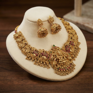 Antique Finish Goddess Lakshmi & Peacock Design | South Indian Bridal Necklace for Women & Girls (Ruby Red & Emerald Green)