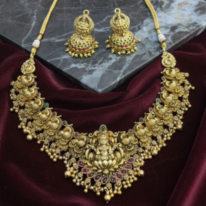 Handcrafted South Indian Ethnic Short Necklace with Matching Jhumka Earrings | Ruby & Emerald Stone Studded