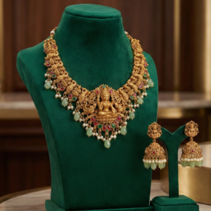 Antique Gold Plated Short Necklace with Kemp Stones and Mint Green Beads | Matching Jhumka Earrings for Women and Girls