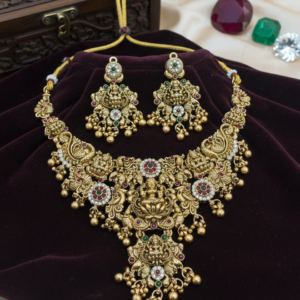 Traditional Antique Gold-Plated Goddess Lakshmi Temple Necklace Set with Matching Earrings | Ethnic Bridal Jewelry for Women and Girls