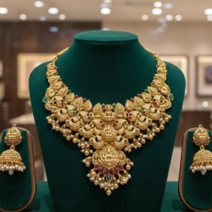 Traditional Antique Gold-Plated Temple Jewellery Short Necklace Set with Jhumka Earrings | Intricate Lakshmi & Peacock Design with Ruby-Red and Emerald-Green Stones and Pearl Clusters