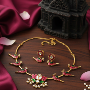 Traditional Gold Plated Lotus and Peacock Motif Temple Jewelry Necklace Set for Women | Ethnic Meenakari Short Necklace with Matching Stud Earrings