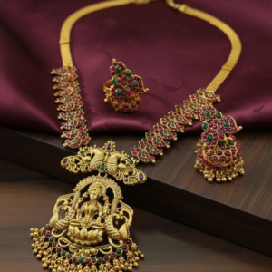 Antique Lakshmi Pendant Short Necklace with Matching Jhumka Earrings - Ethnic Kemp Stone Studded Bridal Jewellery