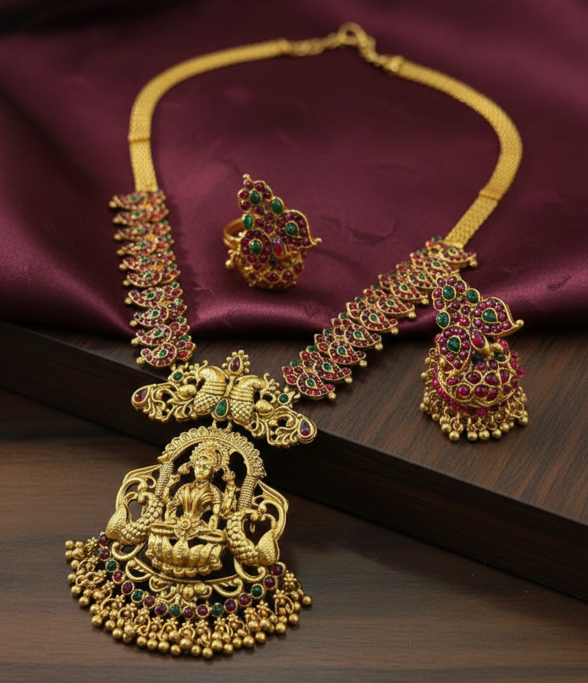 Antique Lakshmi Pendant Short Necklace with Matching Jhumka Earrings - Ethnic Kemp Stone Studded Bridal Jewellery