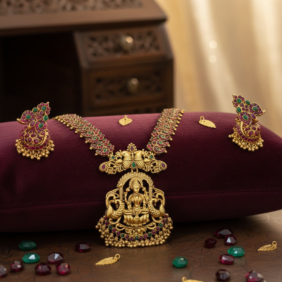 Antique Lakshmi Pendant Short Necklace with Matching Jhumka Earrings - Ethnic Kemp Stone Studded Bridal Jewellery - Image 3