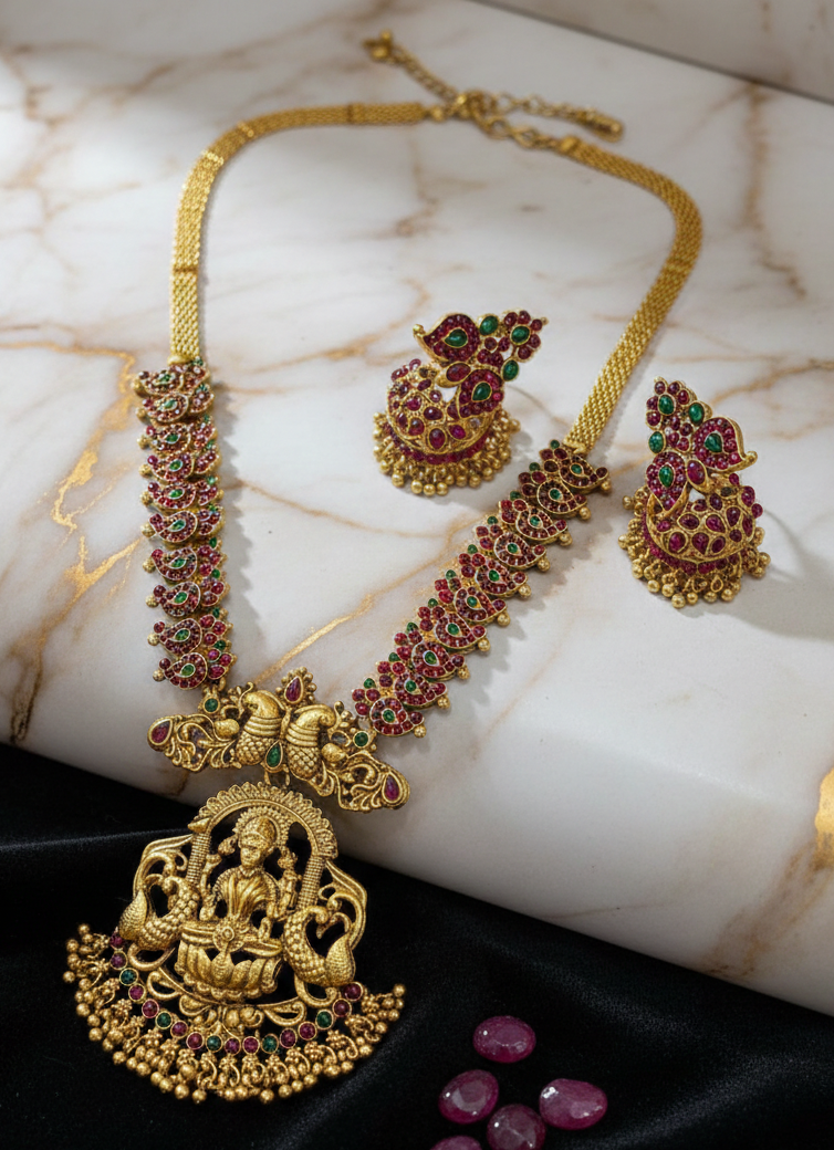Antique Lakshmi Pendant Short Necklace with Matching Jhumka Earrings - Ethnic Kemp Stone Studded Bridal Jewellery - Image 2