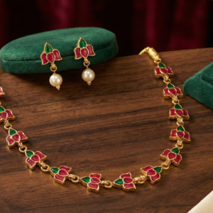 Elegant Lotus Kemp Stone Motif with Matching Pearl Drop Earrings – Ethnic Indian Choker for Weddings, Festivals, and Festive Gifting