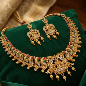 Goddess Lakshmi Motif Short Necklace with Matching Drop Earrings