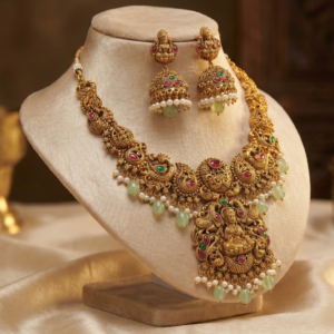 Traditional Temple Jewelry Gold-Plated Short Necklace Set with Goddess Lakshmi Pendant, Classic Jhumka Earrings, Kemp Stones, and Mint Green Bead Droplets