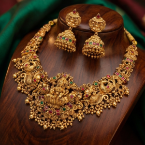 Antique Matte Finish Short Necklace with Matching Jhumka Earrings | Ruby & Emerald Stone Studded Peacock Design for Women and Brides