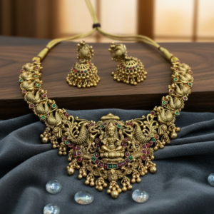 Antique Matte Finish Ruby & Emerald Kemp Stone Studded Peacock Design Jewelry for Women and Girls