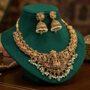 Traditional Goddess Lakshmi & Peacock Motif Short Necklace with Matching Jhumka Earrings