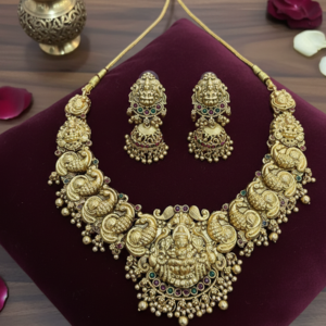 Intricate Goddess Lakshmi & Peacock Motif Short Necklace with Matching Jhumka Earrings