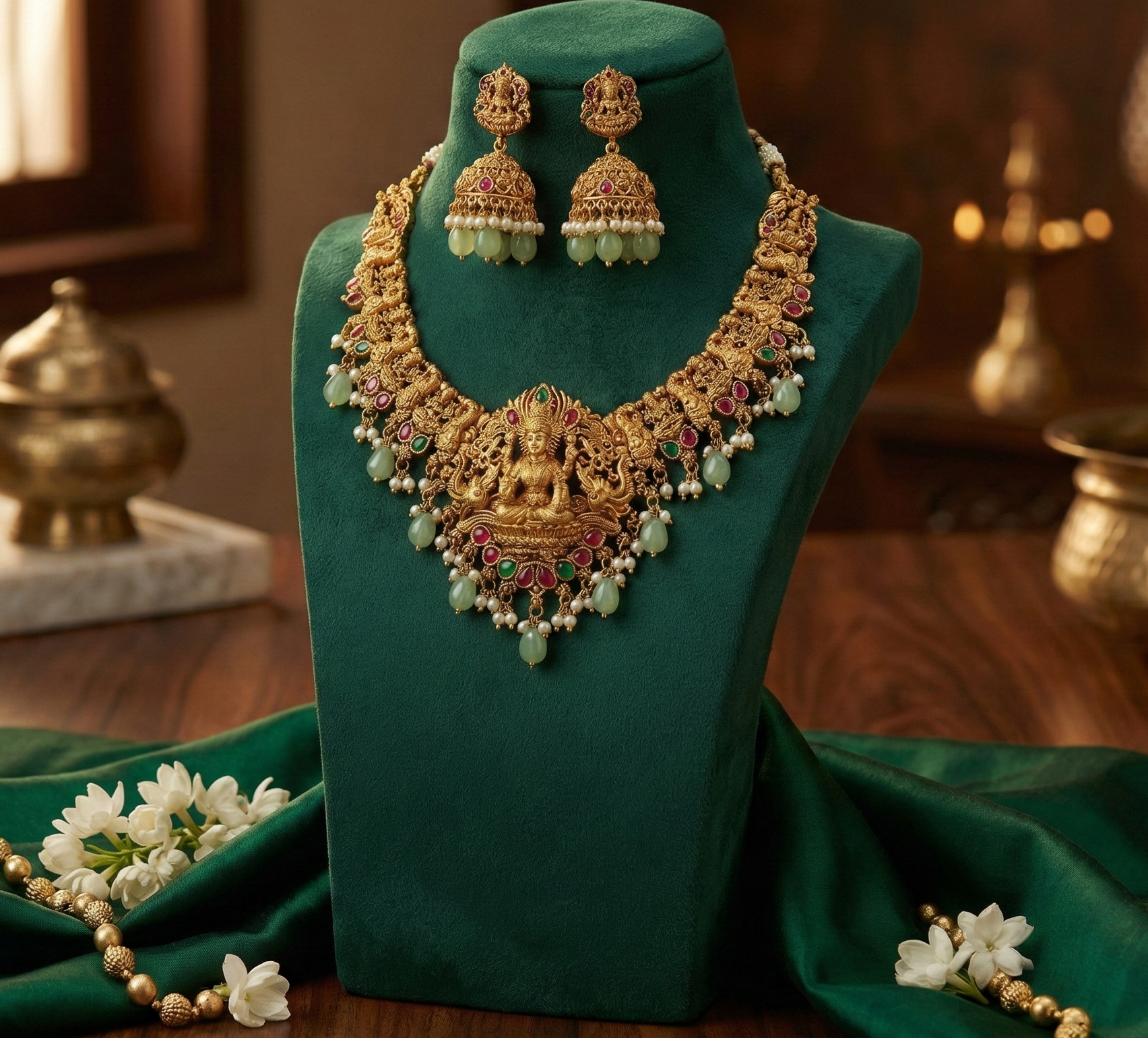 Handcrafted Lakshmi Motif Short Necklace with Matching Jhumka Earrings | Ruby & Emerald Stone Accents with Mint Green Bead Droplets