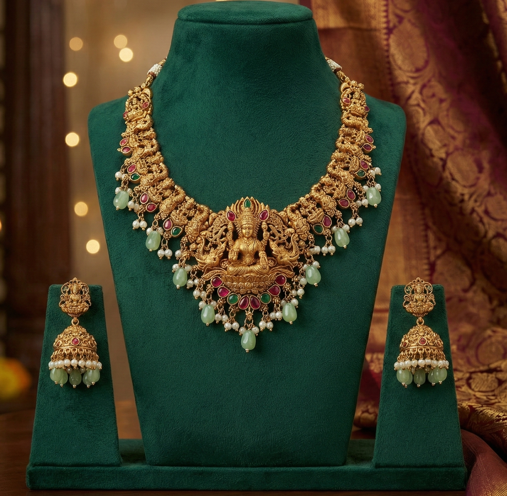 Handcrafted Lakshmi Motif Short Necklace with Matching Jhumka Earrings | Ruby & Emerald Stone Accents with Mint Green Bead Droplets - Image 2