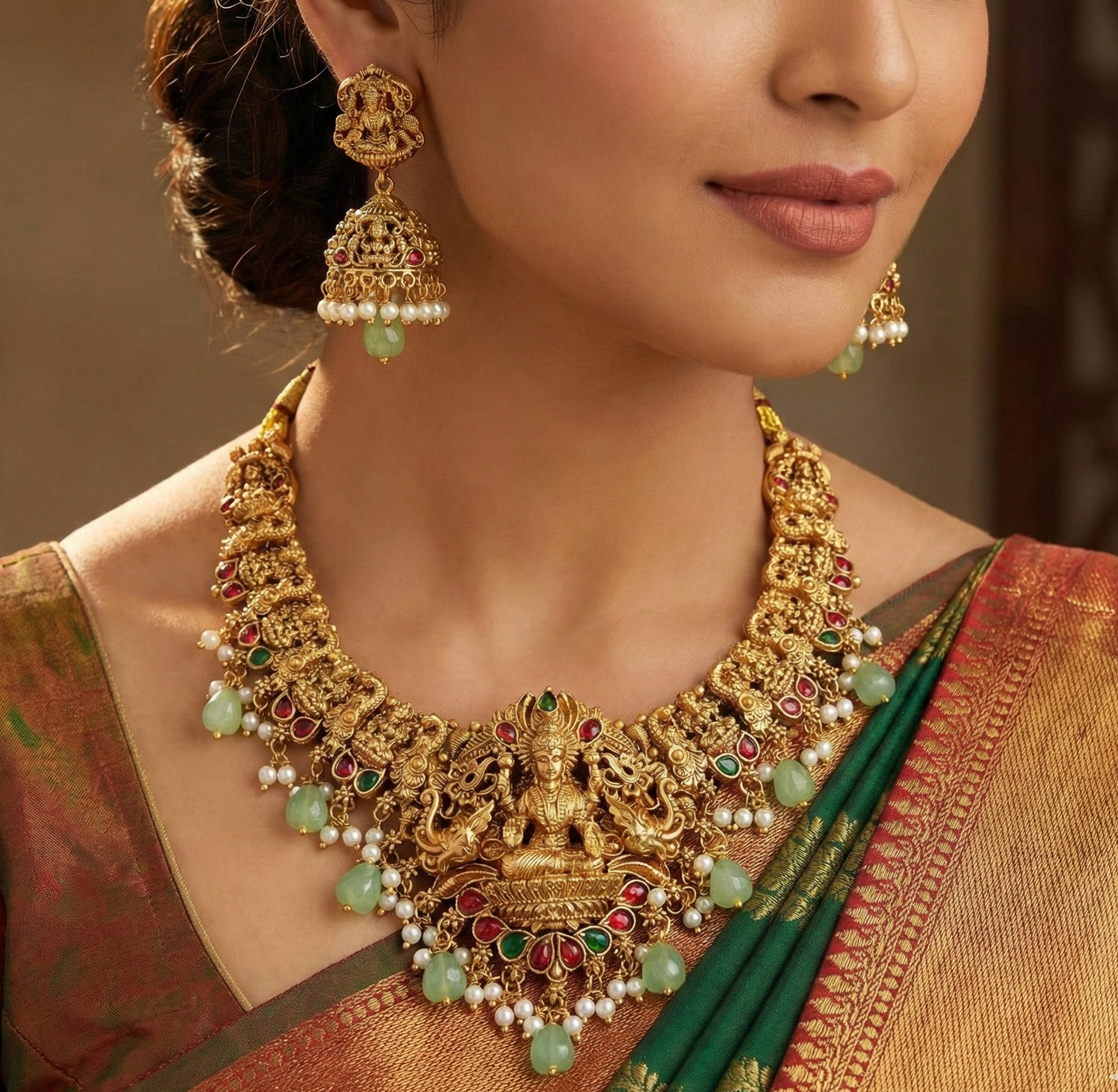 Handcrafted Lakshmi Motif Short Necklace with Matching Jhumka Earrings | Ruby & Emerald Stone Accents with Mint Green Bead Droplets - Image 4
