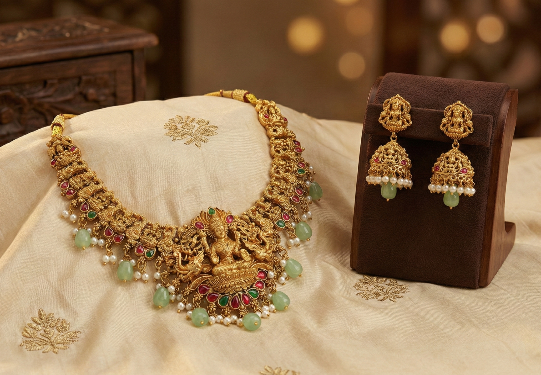 Handcrafted Lakshmi Motif Short Necklace with Matching Jhumka Earrings | Ruby & Emerald Stone Accents with Mint Green Bead Droplets - Image 3