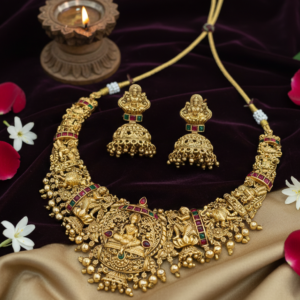 Traditional Goddess Lakshmi Short Necklace with Matching Jhumka Earrings